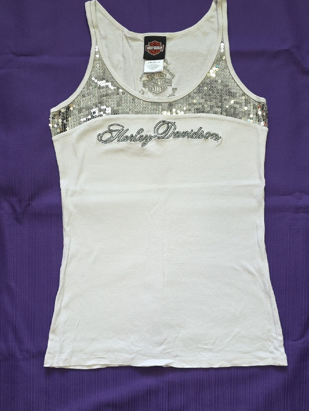 Harley-Davidson White Tank Top with Silver Sequin Trim